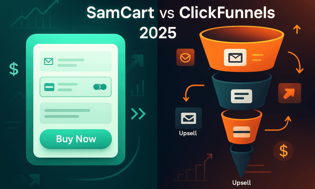 Illustration comparing SamCart vs ClickFunnels 2025, featuring a checkout-focused design on the left and a multi-step sales funnel on the right, symbolizing sales growth.