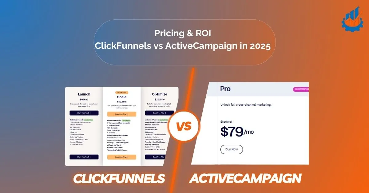 Pricing comparison chart for ClickFunnels vs ActiveCampaign showing monthly costs and ROI differences in 2025