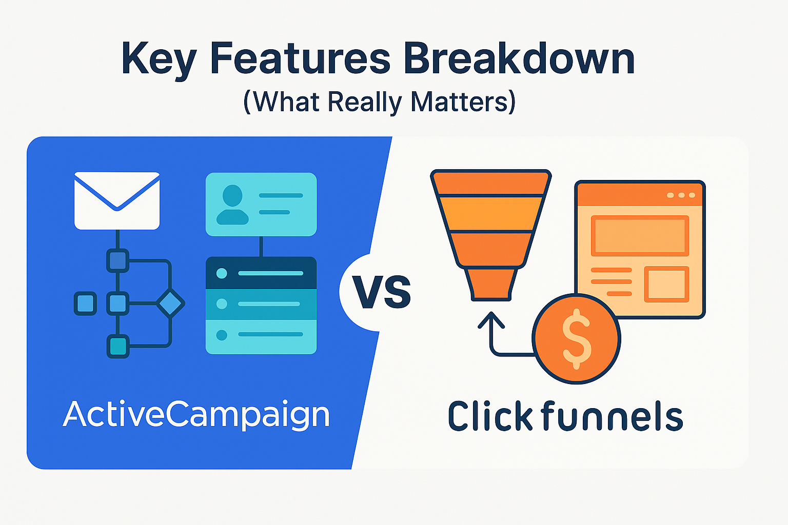 Comparison graphic highlighting key features of ActiveCampaign vs ClickFunnels, showing email automation, CRM, and sales funnel visuals side by side.