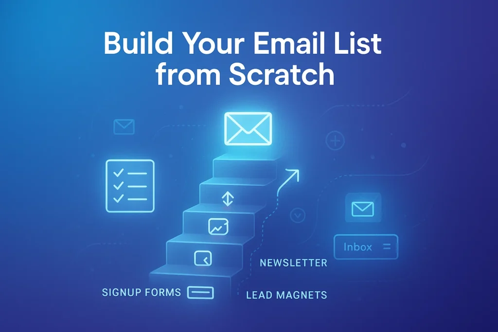 Visual funnel with email signup forms, progress arrows, and checklist icons, representing beginner-friendly email marketing for bloggers.