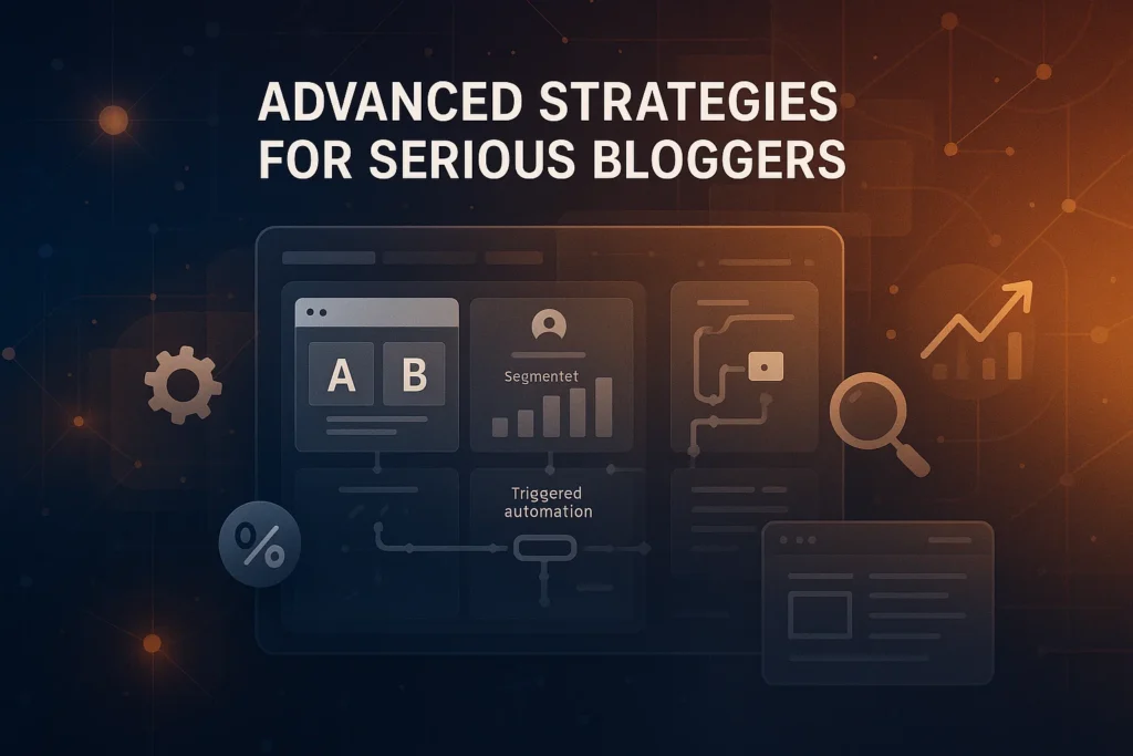 A/B testing panels, automation flows, and analytics graphs in a pro digital setup, highlighting advanced email marketing for bloggers techniques.