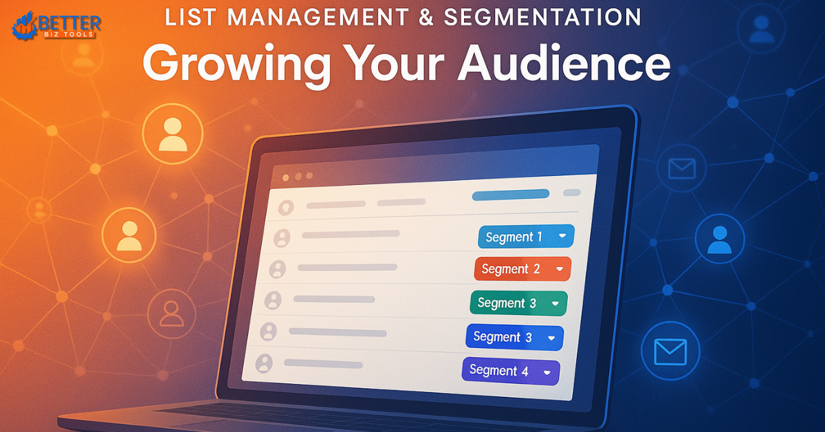 Illustration showing list management and segmentation for growing your audience in 2025, with email list visuals, orange-blue gradient background, and highlighting Constant Contact vs Mailchimp.