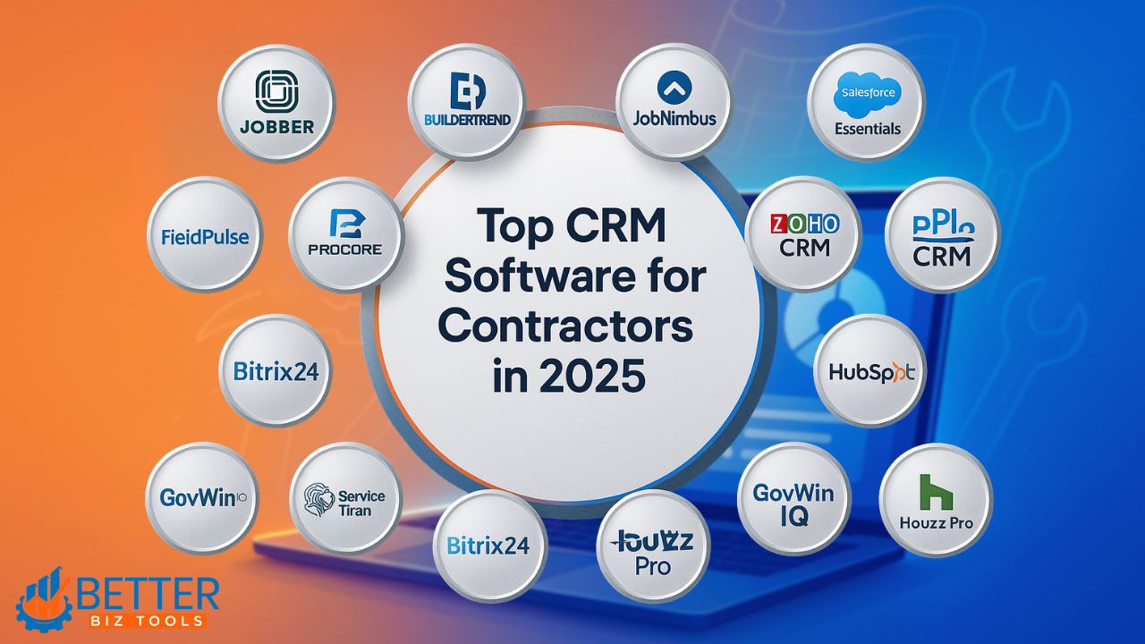 Top CRM Software for Contractors in 2025 — visual design featuring Jobber, Buildertrend, JobNimbus, Salesforce Essentials, Procore, FieldPulse, Zoho CRM, ServiceTitan, HubSpot, Bitrix24, GovWin IQ, and Houzz Pro logos in a circular orange-blue gradient layout.
