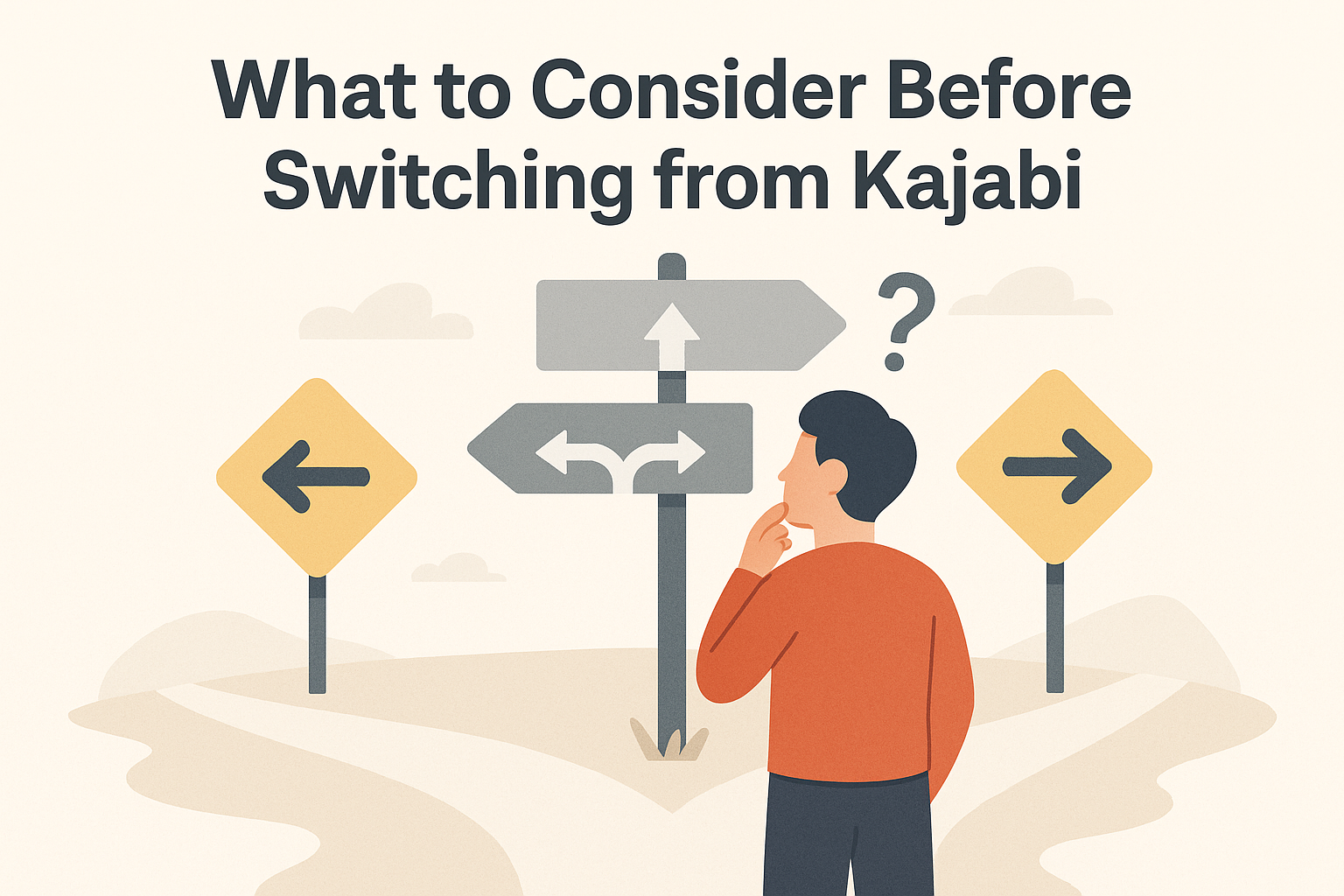 A colorful illustration showing a thoughtful, confused person standing at a crossroads with multiple signs and arrows, representing the choices to consider before switching from Kajabi.