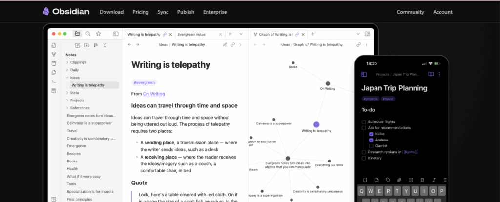 Obsidian knowledge base app showing graph view and linked notes – a powerful Notion alternative for personal use.