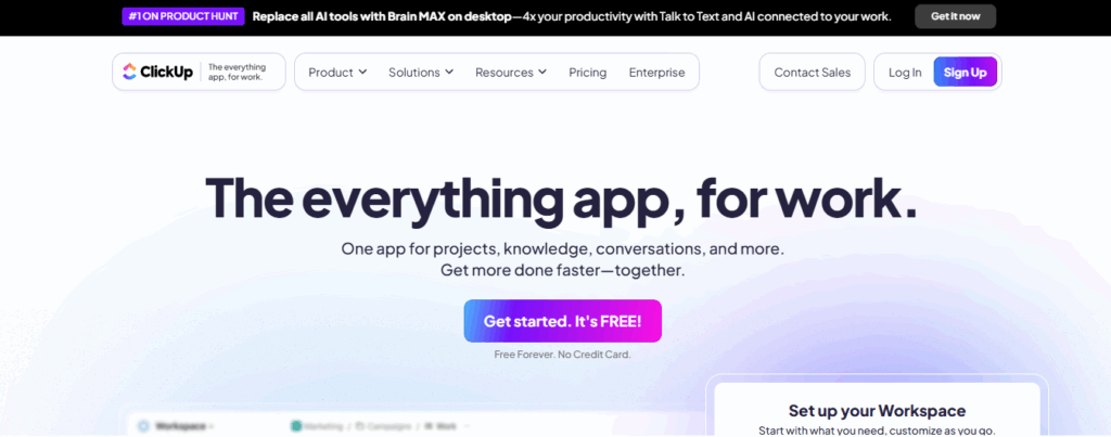 ClickUp task management dashboard, an all-in-one agile software management tool and one of the best agile project management software for 2025.