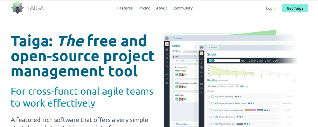 Taiga open-source agile board, a free agile software tool included in the best agile project management software options.