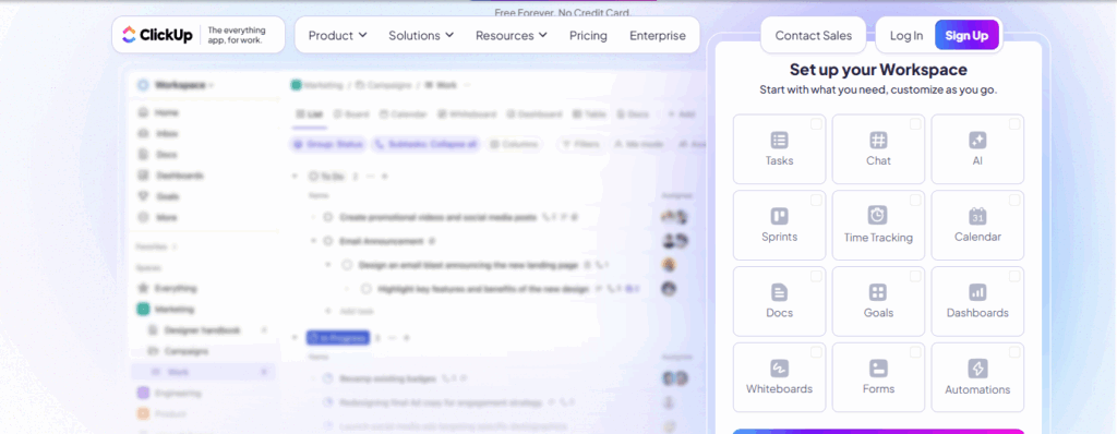 ClickUp project management dashboard with multiple views – one of the best Notion alternatives for teams in 2025.