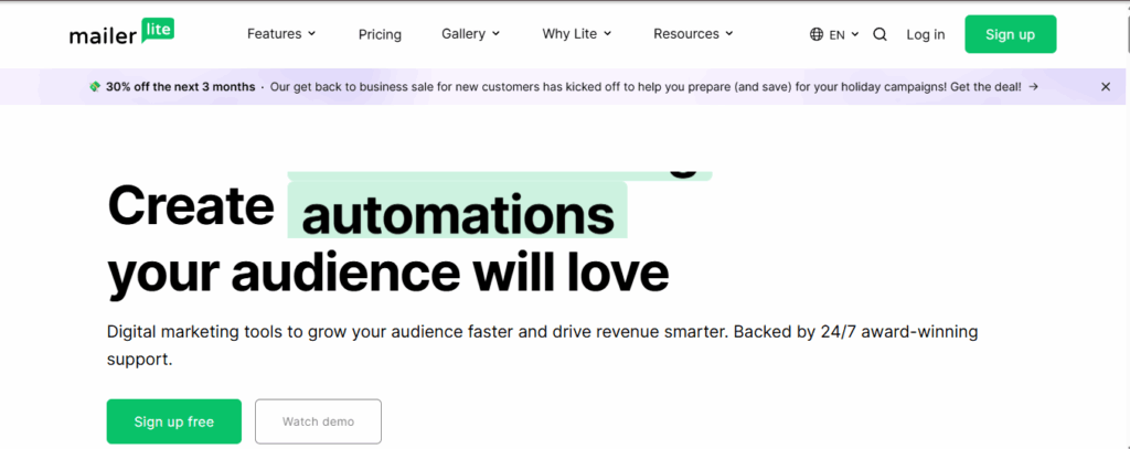 MailerLite dashboard with drag-and-drop editor, one of the best free Mailchimp alternatives for startups and solopreneurs.