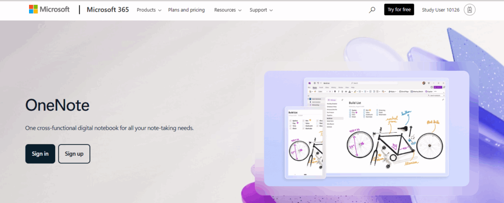 Microsoft OneNote notebook interface with handwriting and audio notes – top Notion alternative for students and teachers.