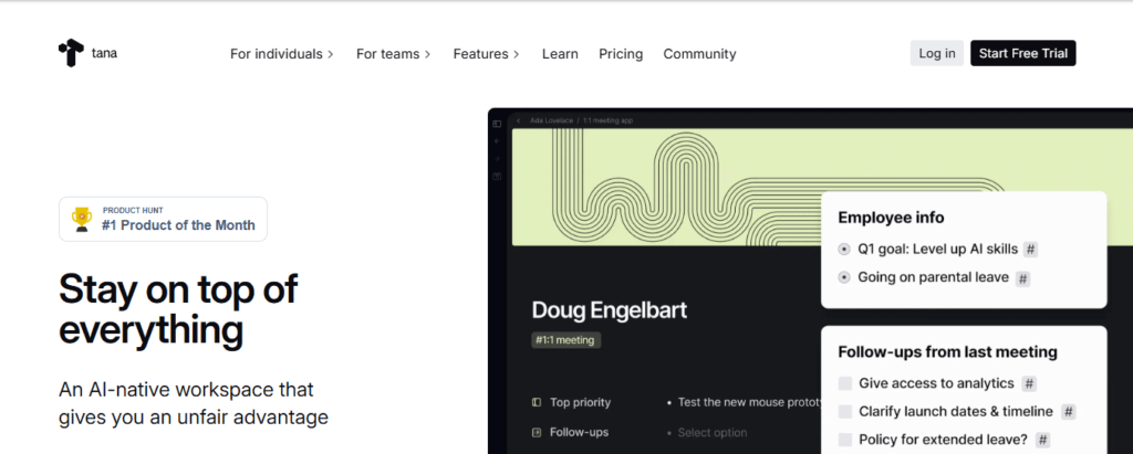 Tana AI-powered workspace with smart tagging and graph view – innovative Notion alternative for knowledge management.