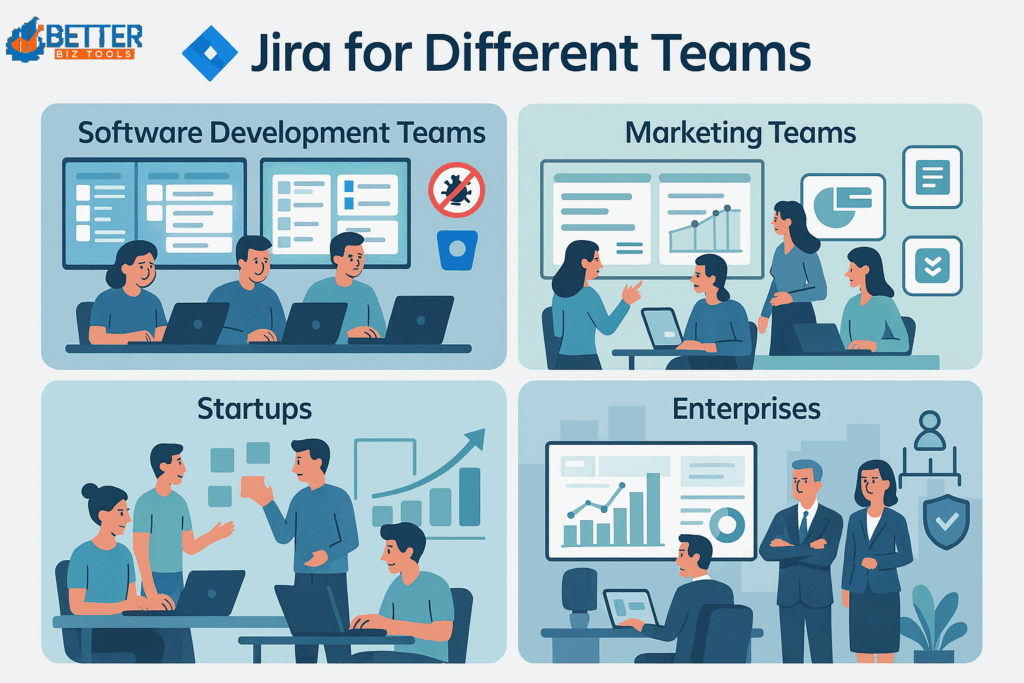 Infographic showing how Jira adapts to different teams: developers using Agile boards and bug tracking, marketers planning campaigns and dashboards, startups scaling workflows in real time, and enterprises managing security, compliance, and cross-team reporting.