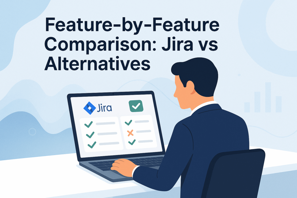 Feature-by-feature comparison of Jira vs alternatives illustrated with a person working on a laptop and modern design elements.
