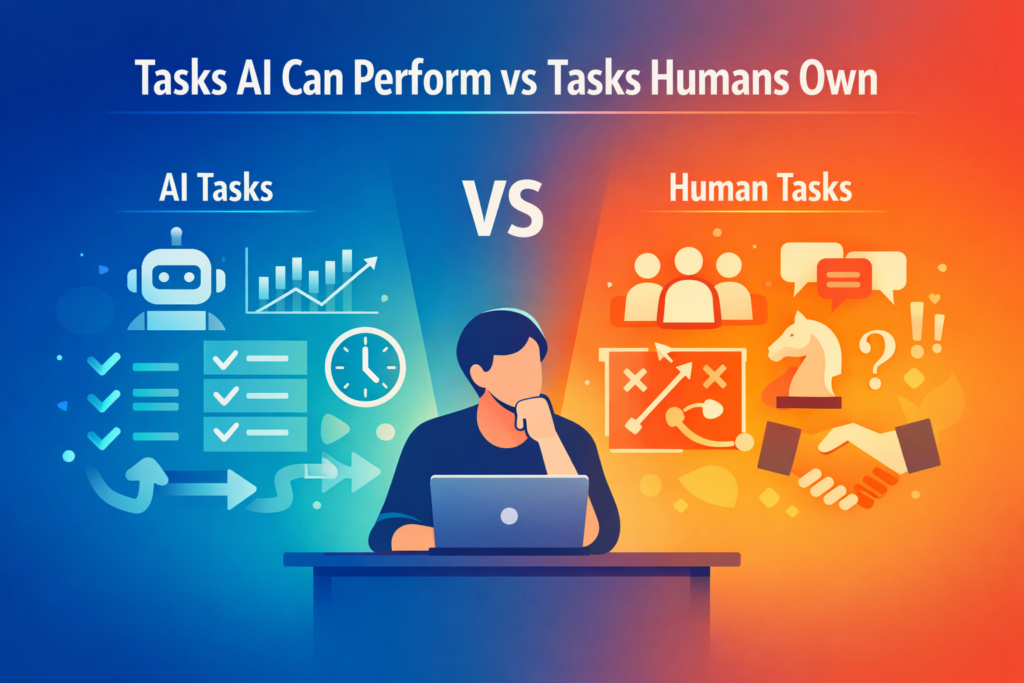 Illustration comparing tasks AI can perform versus tasks humans manage in project management, showing automation on one side and human decision-making on the other.