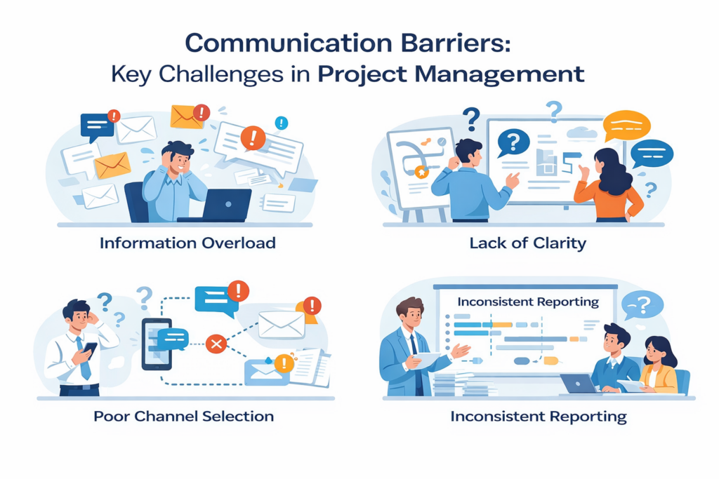 Illustration showing key communication barriers in project management with clear sections for information overload, lack of clarity, poor channel selection, and inconsistent reporting