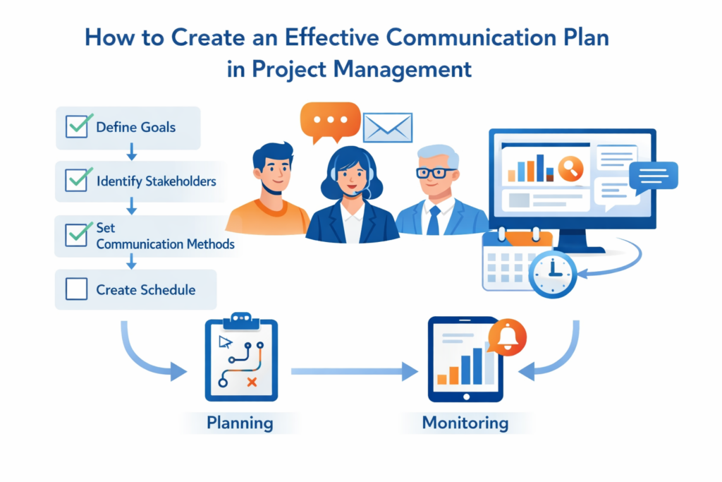 Illustration showing step-by-step communication plan with team, checklists, and tools for “How to Create an Effective Communication Plan in Project Management